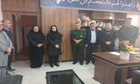 دیدار خانم دکتر فاطمه عسکری تامرادی سرپرست شبکه بهداشت ودرمان باغملک ، مهندس حاجی زاده ریاست بنیاد شهید و جمعی از معاونین و مسئولین واحدهای ستادی شبکه و کانون بسیج جامعه پزشکی شهرستان با سرهنگ عارف فرمانده سپاه ناحیه باغملک